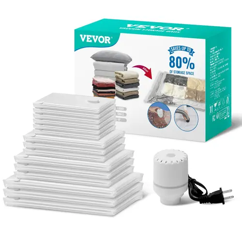 VEVOR 15-Pack Durable Large Vacuum Storage Bags with Electric Pump, Double Zipper, 1-Way Valve, Portable Quick Vacuuming Organizers for Comforters, Blankets, Travel-Ready Storage Organization Solutions