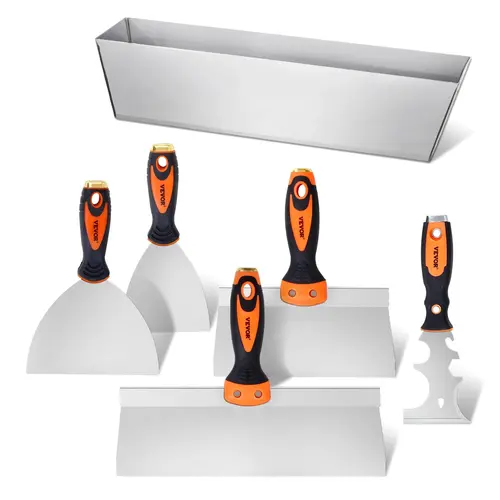 VEVOR 6PCS Multi-Size Stainless Steel Drywall Knife Kit - Sturdy & Durable Painter Tool with 3",4",6",8",12" Blades, Mud Pan, Pull Nails, Lids, 0.02" Thick Base, 4"/6" Putty Use, Easy-to-Clean Roller Scrub, Corrosion Resistance for Home Improvement
