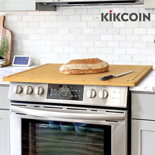 Kikcoin Extra Large Bamboo Chopping Board (4XL-5XL Rectangular), Stove/Gas Oven Top Burner Cover with Carry Handle, Juice Groove, Soft Build for Blade Protection, 14.99lb/20.17lb Options, Washable Kitchen Gadget for Cooking Prep, Cheese/Bread Serving