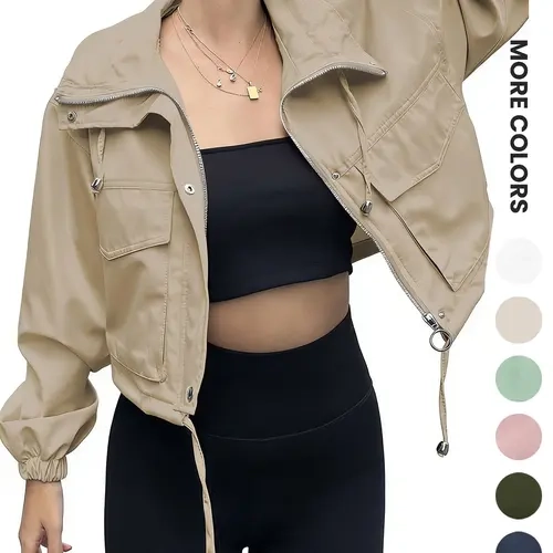 Women's Solid Zip Up Crop Jacket Coats, Zipper Jacket, Casual Fashionable Pocket Lightweight Outerwear, Ladies Spring & Fall Clothes