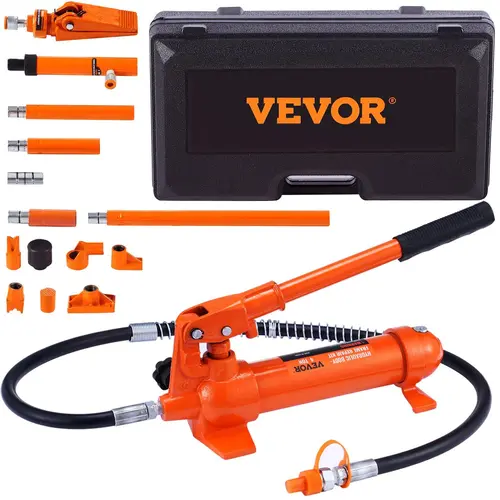 VEVOR 4-Ton/8800 LBS Capacity Heavy Duty Portable Hydraulic Ram Kit with Rust-Resist Coat, Plunger, Hydraulic Pump, 3.9 ft/1.2 m Oil Hose, Storage Case, Wedge & V-Head Fit for Auto Body Frame Repair, Car/Truck Push/Straighten [ToolUpgrade]