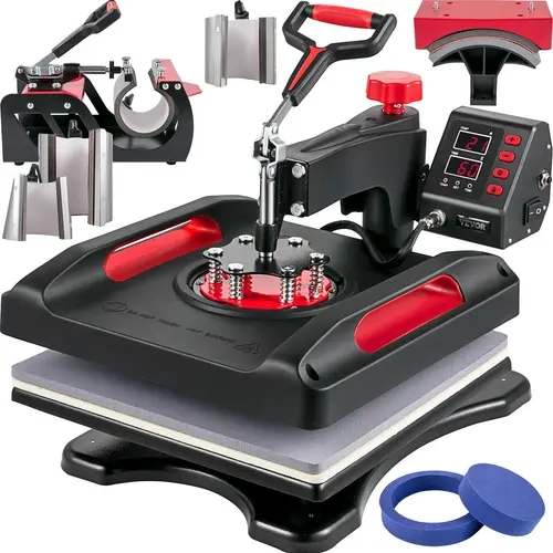 VEVOR ETL Certified Upgrade 15x15 in 8-in-1 Heat Press Machine with Swing-Away Arm, Dual Tube Heats, Power-Saving Sublimation, 360°Rotation (Red DIY Kit with Letters) for Shirts, Caps, Mugs