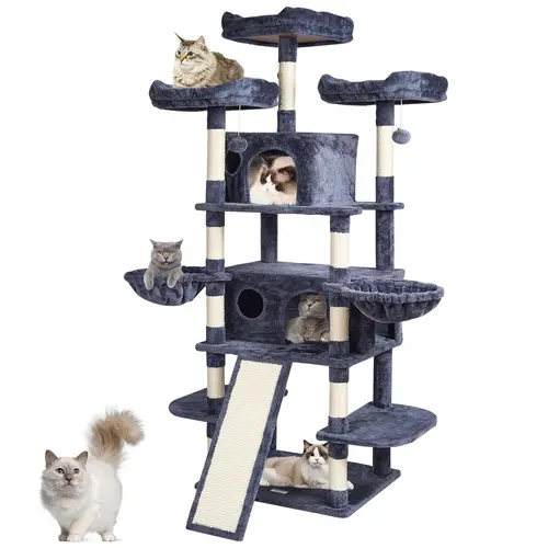 VEVOR 68.5" Home Cat Tree, Indoor Cat Tower with 2 Condos, Sisal Scratching Post, Hammocks, Top Perches, Jumping Platforms, Ramp & Hang Balls, Dark Grey Activity Center Furniture