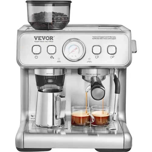 【toolupgrade】VEVOR 15 Bar Semi-Automatic Stainless Steel Espresso Machine with Grinder, PID Control, Milk Frother Steam Wand, 200g Capacity, Removable Water Tank, Pressure Gauge, Dual Filter - Home Kitchen Coffee Equipment for Cappuccino, Latte at Home, A