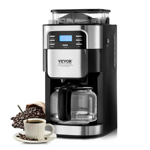VEVOR Adjustable Coffee Maker Machine with Adjustable Grinding Coarseness, 3 Brew Strength Control, 24-Hour Auto Brew Timer, Wake-to-Aroma Function for Home & Office Use