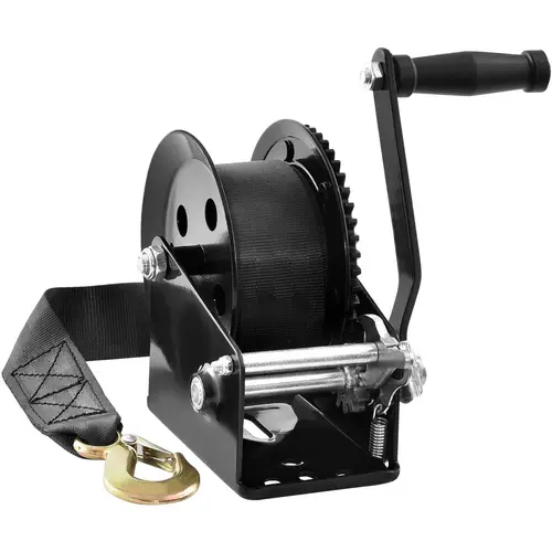 VEVOR Carbon Steel Heavy Duty Hand Winch, 1600 lbs Capacity, 33 ft Polyester Strap, 24mm 2-Way Ratchet Crank, 4:1 Single Speed, Crack-Resistant Anti-Corrosion Hook, for Vehicle Towing, Trailers, ATVs, Handles Boats