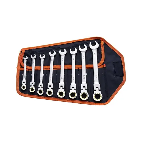 VEVOR 8-Pcs Adjustable Wrench Set, 8-Size SAE Set (5/16"-3/4"), 180° Adjustable Head, 72-Tooth Ratchet Spanners, Chrome Vanadium, Erosion-Resist Coat, Roll-Up Pouch Carry, Mechanic & DIY Project Tools