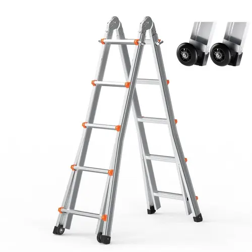 VEVOR Multi-Function Aluminum Telescopic Ladder, 16.7 ft A-Frame Compact Ladder, 330 lbs Load Capacity, Locking Mechanism, 1-Hand Dual Wheels, Anti-Slip Pads, No Assembly Required, Easy to Transport for RV Maintenance, Attic Cleaning