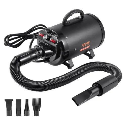 VEVOR Portable Strong Dog Hair Dryer, 2000W/2.7HP Pet Grooming Dryer with Quick Drying, Safe Heating, Adjustable Speed-Temperature Control, 4 Nozzles, Easy-to-Connect Extendable Hose, Metal Housing, Auto Shut-Off, Heat-Protection Anti-Scald Handle, Black