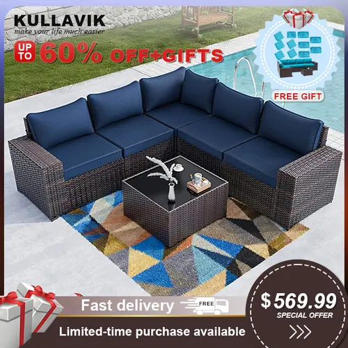 【3 Packages】Kullavik 6-Pcs Patio Set With Cushion, PE Rattan Sofa + Glass Table,  11 Free Cushion Covers,summerwins