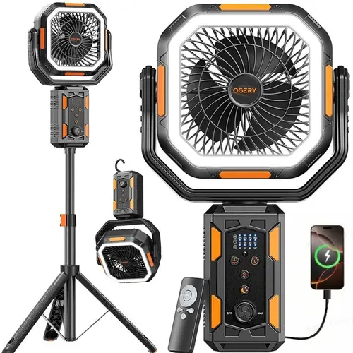 [SummerWins]OGERY Camping Fan with Detachable Tripod, 30000mAh Rechargeable Fan with LED Lights & 270° Pivot,4 in 1 Cordless Camping Fan, Remote Control Shaking Head Desk Fan for Camping Tent Travel Bedroom Portable Motor summerwins