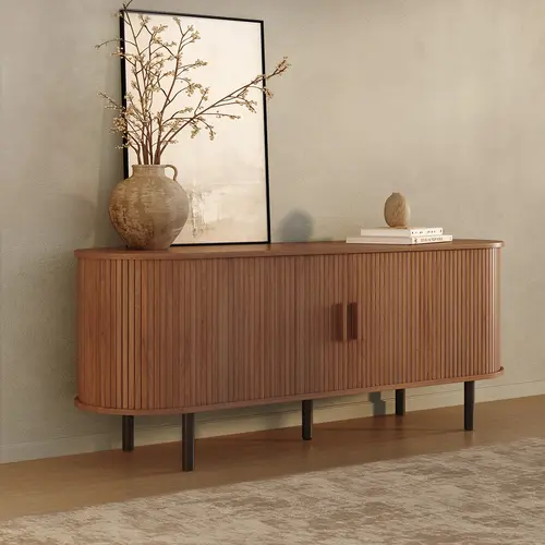 【Sliding Doors Design】ONBRILL 55"/63"/71"/81" Gorgeous Fluted TV Stand for TVs up to 60/70 Inch, Modern Entertainment Center with Power Outlet & Adjustable Shelves Storage for Living Room, Media Console,Bedroom Furniture,Christmas Gift【DealsforYou】