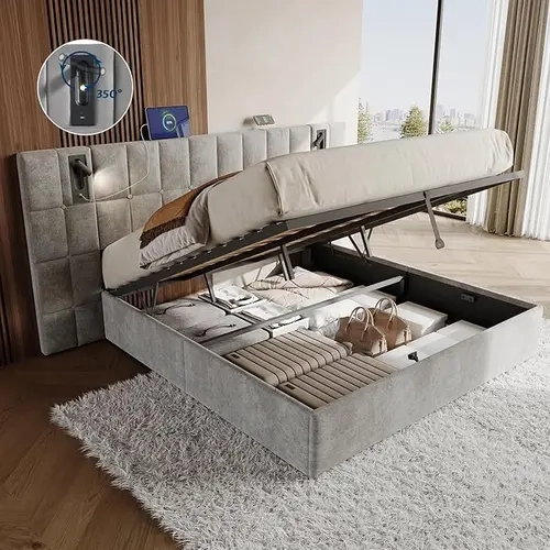 AMERLIFE Upholstered Bed Frame with Widened Headboard,Lift-Up Storage Bed and Built-in Reading Light, Velvet Platform Frame, No Box Spring Needed[TikTokShopFallDealsForYou]