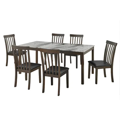 AMERLIFE 7-Piece Dining Table Set with Chairs - 71'' Marble Look Table (18.1"l x 22.2"w x 36.6"h), 6 Upholstered Solid Wood Brown Chairs, Wooden Dining Set for 6, Modern Home Decor Indoor Furniture