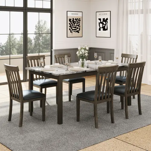【Ships in 2 Boxes】AMERLIFE 7-Piece Dining Table Set with 6 Chairs,Modern Solid Wood Dining Table Set with 6 Upholstered Chairs,71'' Marble kitchen table&Chair Set for 6 People,Marble&Brown - Ships in 2 Boxes [TikTokShopFallDealsForYou]