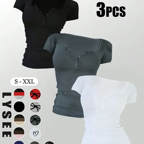 3/5pcs Women's Casual Minimalist Fashion Sporty Basic Fitted Multi-Button Round-Neck Solid Color Short Sleeve Tops Mix & Match Multi-Pack
