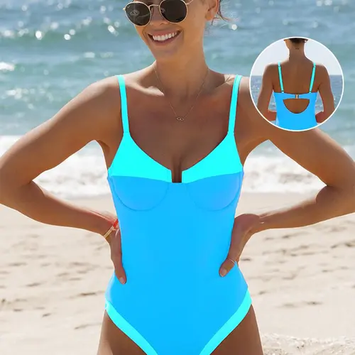 POPVIL Women's V-Wire Neon Chic Swimwear - 1-Piece & Bikini Options, High-Waisted Tummy Control, Removable Breast Pads, Fitted Full Coverage, Body Contour, Patchwork, Adjustable Strap, Beach Party Use, Swimsuits Tummy Control