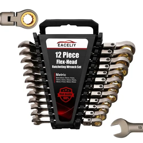12PCS Metric Ratcheting Wrench Set - CR-V Steel Hardware with 72-Tooth Ratchet 5° Swing, 180° Rotation Flexible Head, 12pt Secure Bite 12-Point Design, 8mm-19mm Combination Hand Tools, Heavy Duty Rack Tray, Wall-Mountable Auto Repair Tight Gap Use