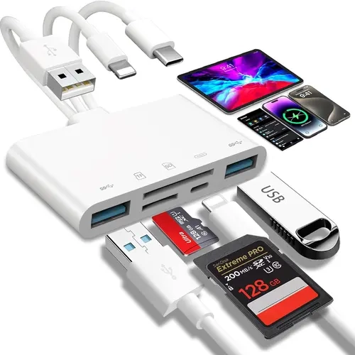 ISEMENA SD Card Reader for iPhone & iPad with USB OTG Adapter High-Speed Data Transfer & Charging Port for iOS & Android Devices Supports SD/TF Micro SD Cards 5-in-1 Memory Card Adapter