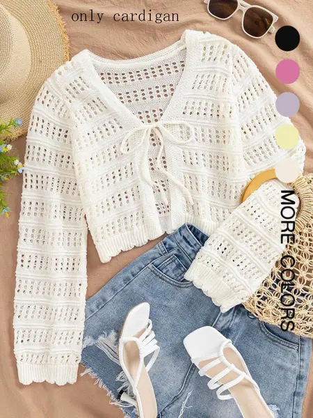 Women's Plain Hollow Out Tie Front Lightweight Loose Sweater Cardigans, Casual Long Sleeve Knit Top for Summer, Fashion Women's Knitwear for Daily Wear