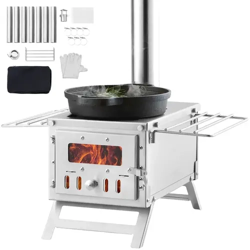 VEVOR Lightweight Portable Stainless Steel Wood Stove, 80in, 700 Cu In Large Firebox Outdoor Camping Burner with 8 Chimney Pipes, Gloves, Detachable Parts, Multi-Shelf Rack, BBQ Stir-Fry Plate, Dry Gear Mesh Rack | Camping Equipment, Off Grid Supplies