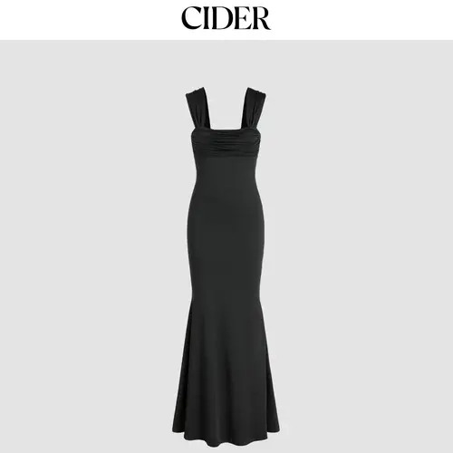 Cider [6 colors, size 0-10] Solid Ruched U-neckline Ruffle Maxi Dress