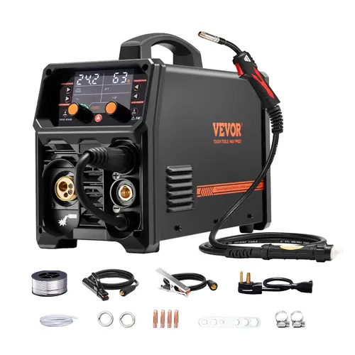 【ToolUpgrade】VEVOR Pro 250A Synergic Control 5-in-1 MIG Welder, 110V/220V Dual Voltage Machine with LCD Screen & 11 lbs - Gas/Gas Solid Wire, Flux Core, Stick, Lift TIG, AU TIG - Aluminum Wire Compatibility, Overheat Protection, Advanced Synergic Control