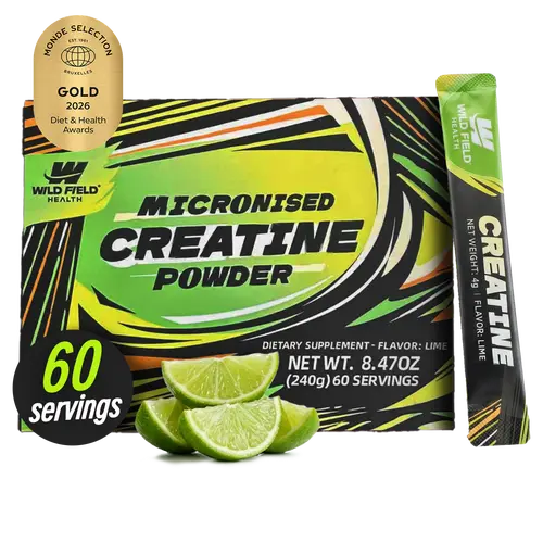 WILD FIELD HEALTH 3-in-1 Creatine Monohydrate Stickpacks -  60 Servings - 3000 mg Micronized Pure Creatine + Zinc + Magnesium - Portable On-The-Go Powder for Muscle Growth, Energy & Recovery - Lime Flavor, Fitness Supplement