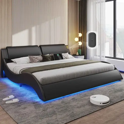 Sikaic Platform Bed Frame with Charging Ports & LED Lights, Wave Design Upholstered Headboard Bed Frame with Wood Slats Support, Modern Black Bed Frame, Easy Assembly, Home Furniture Christmas Gifts cozy home familyfun [TikTokShopblackfriday]