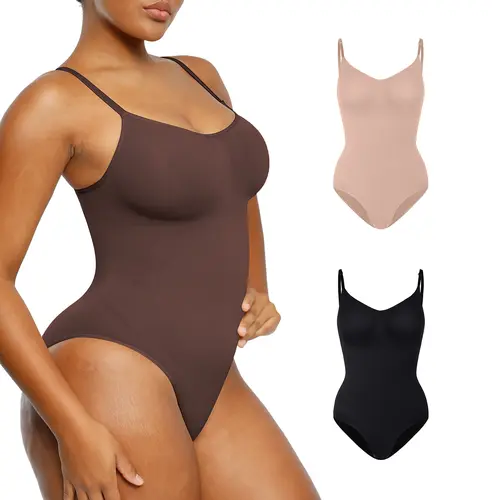 Shapellx 2 Piece Seamless Tummy Tucking V-Neck Bodysuit Simple Comfy Womenswear Comfortable Elastic  Sleeveless Tops