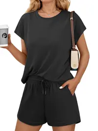 PINSPARK 2 Piece Sets for Women Summer Crewneck Matching Shorts Lounge Set with Pockets Casual Travel Outfits 2026 Trendy #SummerVibes summerwins