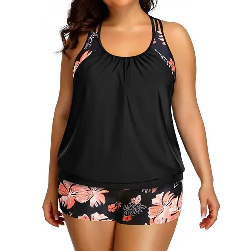 Holipick Floral Plus Size Tankini Swimsuit for Women Two Piece Tummy Control Bathing Suit Blouson Racerback Tankini Top with Shorts DealsForYouDays
