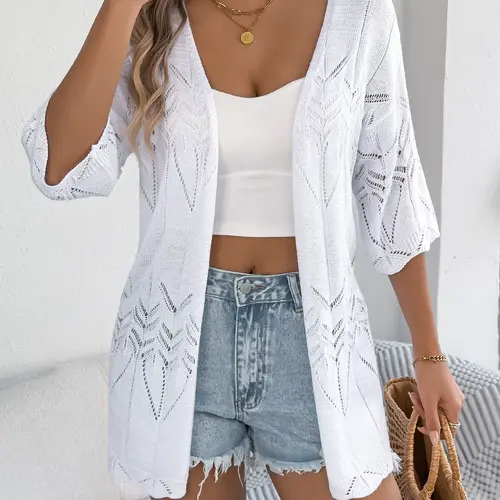 Women's Plain Hollow Out Open Front Sweater Cardigan, Casual Half Sleeve Knitwear for Spring & Fall, Fashion Chic Women's Knit Clothing for Daily Wear
