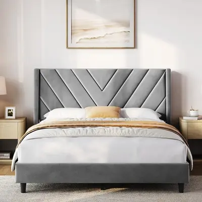 Yaheetech Full Size/Queen Platform Bed Frame - Wingback Upholstered Diamond Tufted Headboard, Wooden Slat Support, No Box Spring Needed, Durable Construction, Easy Assembly, Wingback Upholstered Headboard