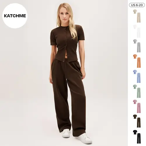 KatchMe Women's Casual Solid Color Button-Up Short Sleeve Top & Wide Leg Trousers Co-ord, Comfy Two Piece Outfits, Basic Summer Womenswear