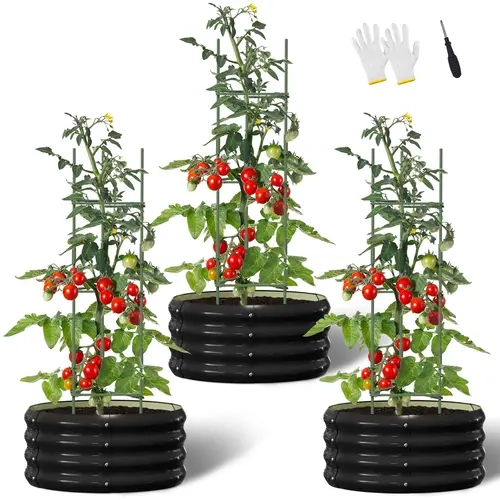 ABORON 3-Pcs Raised Beds for Gardening (23.6"l x 23.6"w x 11.8"h) - Powder-Coated Circular Galvanized Planters with 3 Tomato Cages, Elevated Design with Drains, Climbing Plant Aid, Root Ventilation for Vegetables & Herbs, Assembly Guide