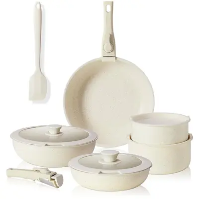【Summer Sale】Sweetcrispy 12 Pcs Pots and Pans Set, Granite Nonstick Cookware Sets Detachable Handle, Stackable Induction Kitchen Cooking Set, Stain & Scratch-resistant