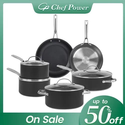 Chef Power 10-Piece Nonstick Cookware Set - Hard Anodized Aluminum, Cool-Touch Steel Handles, Oven/Broiler Safe, Induction & Dishwasher Safe Black Kitchenware (Cooking Pan, Saucepan, Griddle, Dutch Oven with Lids) for Frying, Sautéing