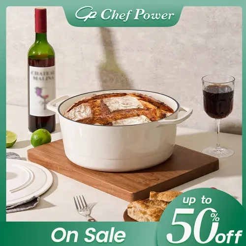 Chef Power High-Gloss Enameled Cast Iron 6QT Round Casserole Dutch Oven with Lid - 34.00*34.00*18.00cm Braiser Pan, All-Cooktop-Safe, Oven Safe, Easy-to-Clean, Stainless Steel Heat Distribution, Moisture Retention Bakeware for Baking & Multi-Use Cooking