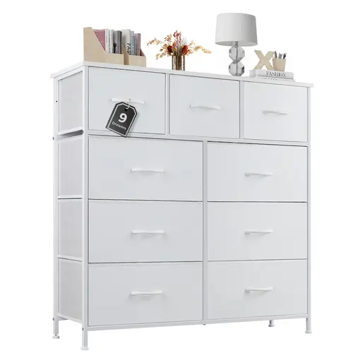 Sweetcrispy 9 Drawers Dresser for Bedroom, Storage Drawers, Fabric Storage Tower Chest of Drawers with Fabric Bins, Sturdy Metal Frame