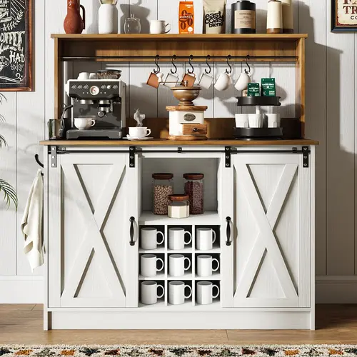 [Summerwins] HOMBCK Farmhouse Coffee Bar Cabinet with 6 Hooks, 47''Hutch and 9 Wink Racks, with Sliding Barn Door ,for Dining Living Room #summer garden,fathers day gift ideas