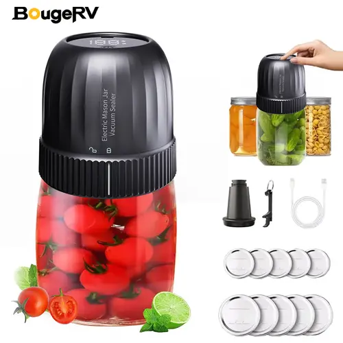 BougeRV Handy Vacuum Sealer, Kitchen Household Appliance with 75kPa Strong Suck, 1200mAh, Compact Design, Auto-Stop, ABS Build, 7 Free Kitchen Accessories, Charging Cable, Jar-Ready Suction Nozzle, 17 Wide-Mouth Mason Jar Lids for Food Storage