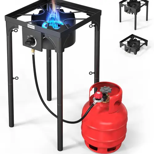 ROVSUN 100,000 BTU Cast Iron Freestanding Portable Outdoor Gas Stove - High-Pressure Single Burner/Cooker, 20psi Regulator, Adjustable Heat, Detachable Legs, Side Shelf, Carrying Bag, Front Knob, Sturdy Build for Camping Gear, Tailgate Setup