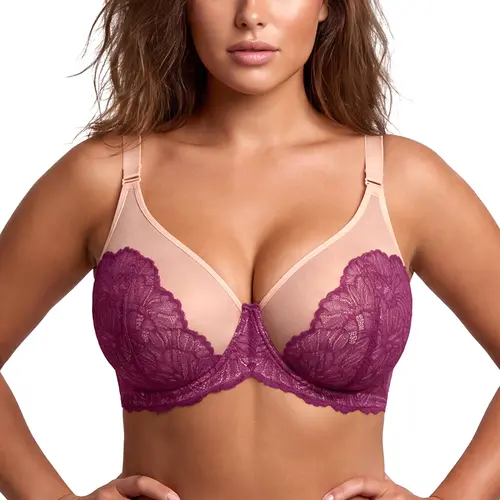 HSIA Blossom Vibrant Colors Unlined Plus Size Lace Sheer Mesh Underwire Full Coverage Bra for Women Bra Non Padded Bra Minimizer Bra Lifting Support Daily Large Bust Bras Lightweight Breathable Comfort Brassiere