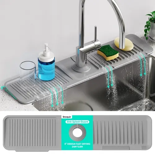 Upgraded Silicone Faucet Mat - Water Splash Guard, Quick-Dry Drip Collector with Drain Protection, Sleek Stone Look Upgrades Your Sink, Extended Size Hugs More Sink Area, Fits Most Kitchen Faucets, Ideal for Kitchen & Bathroom