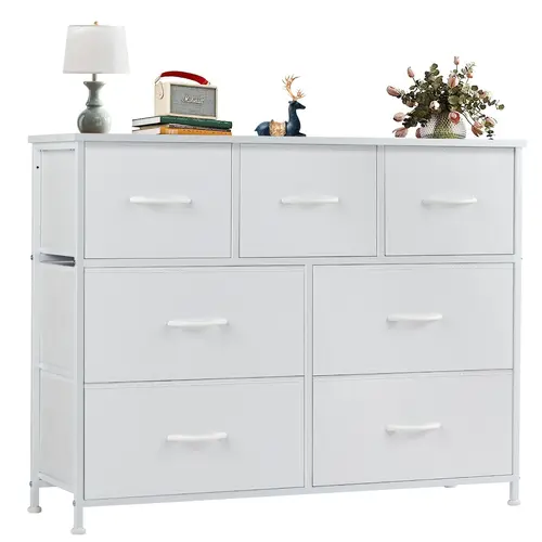 7-Drawer Fabric Bin Organizer Dresser with Wood Top - Metal-Wood Modern Home Storage Cabinet, 20min Assembly, Drawers for Bedroom, Space-Saving Indoor Furniture for Room Storage & Organization