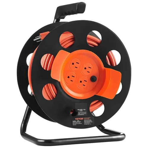 【Fallpicks】VEVOR Manual Wire Extension Cord Reel, 100 ft Outdoor 14AWG SJTOW Heavy Duty, 4 Outlets, Dust Cover, Portable Handle, Circuit Breaker, 13A Overload Cut, Power Protection, Reel Storage, Smooth Pull, Less Tripping, UL-Tested for Toolshed Garage