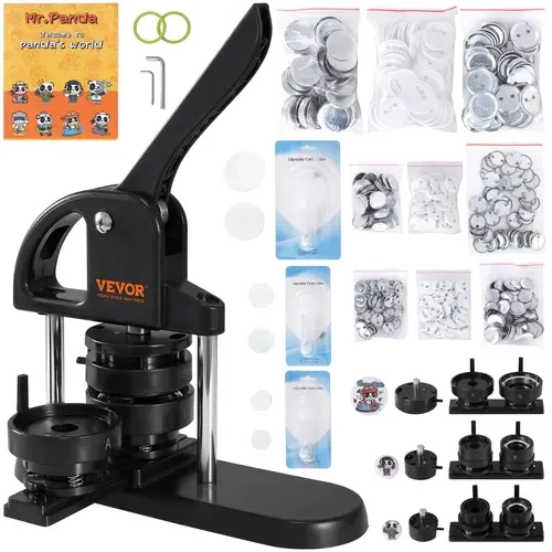 【Fallpicks】VEVOR 3-in-1 ABS Plastic Badge Maker Machine, Beginner-Friendly Ergonomic Arc Handle Punch Press Kit for Crafts & Manual Mirror-Keychain DIY (25/32/58mm/1/1.25/2.28in) with 300pcs Button Parts & Panda Magic Book, Kids' DIY Gift