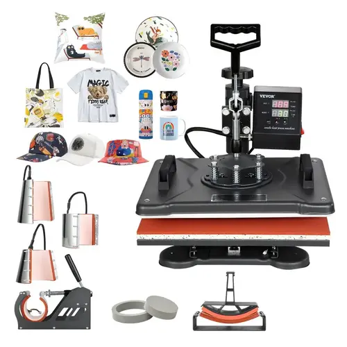 VEVOR 8-in-1 Digital Sublimation Heat Press Machine, 15"x15" 360° Swing Round Design, 10-mm Sponge Pad, LCD Display, Audible Alarm Cues Transfer End, Precise Digital Control, Spring Plate, Indoor Crafts DIY Kit for Handmade Gifts (Caps, T-Shirts)