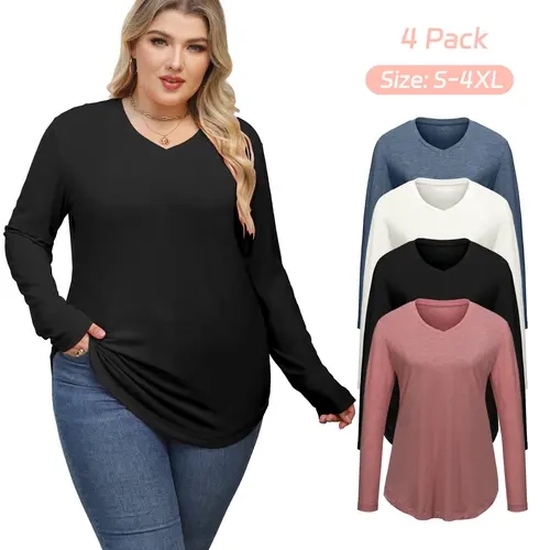 VILIGO 4-Pack Women's Loose Long Sleeve V-Neck Plain Tops - Comfortable Soft Basic Blouses with Curved Hem, All Seasons, Machine Washable, Multi-Color Womenswear Shirts for Casual Wear